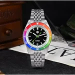 SN0116-B1 39.5mm NH35 Original Design Men Sports Watch Automatic Mechanical Waterproof 100m Black Dial Colorful Rainbow Bezel Insert