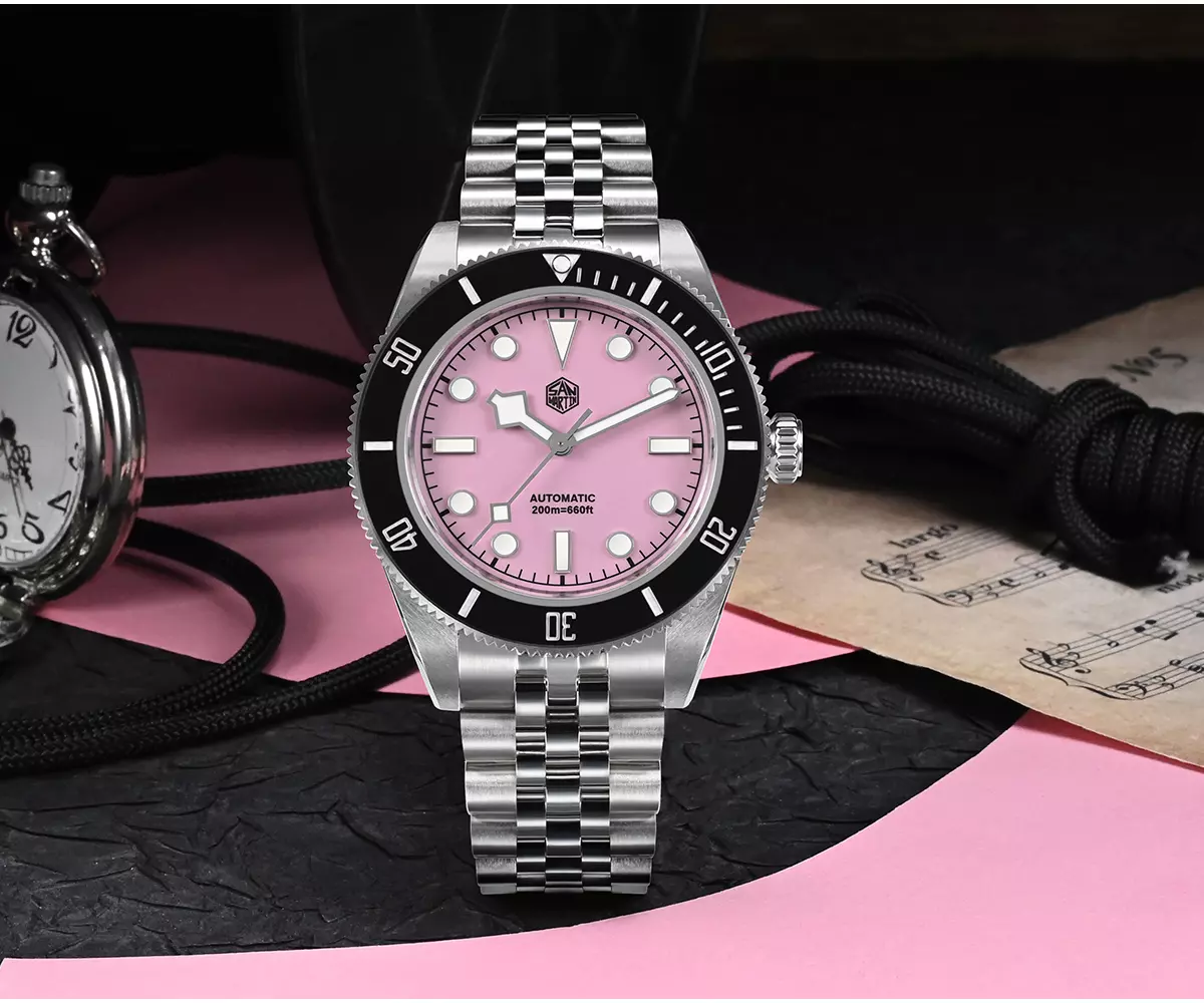 SAN-MARTIN-SN0128-4-01.webp SN0128-4 40mm NH35 BB Diver Watch snowflake hands Automatic Mechanical Sapphire black PINK dial - Image 1