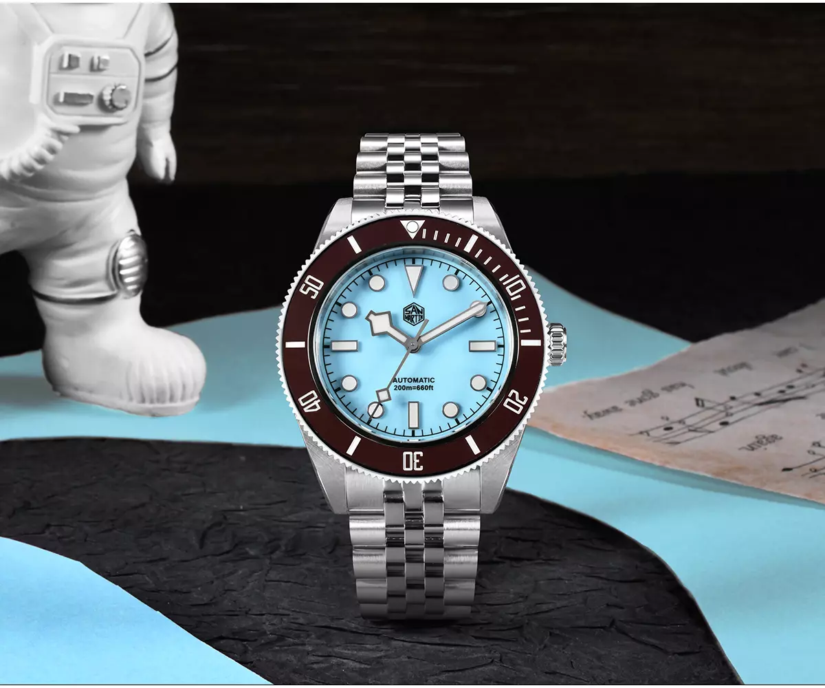 SAN-MARTIN-SN0128-4-BLUE-01.webp SN0128-4 40mm NH35 BB Diver Watch snowflake hands Automatic Mechanical Sapphire brown bezel insert light blue dial - Image 1