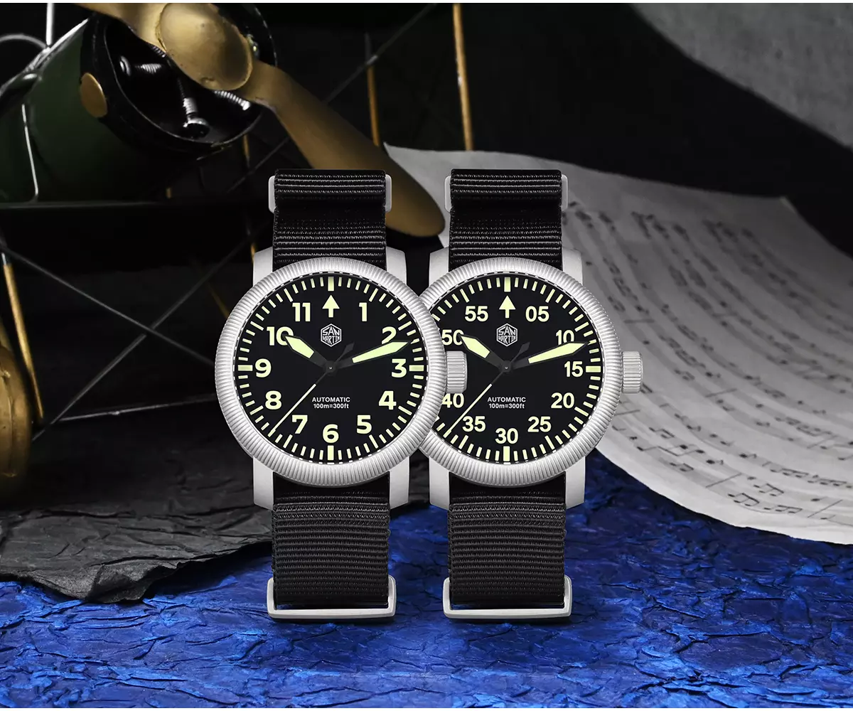 SAN-MARTIN-SN0143G-01.webp SN0143-G 40mm YN55 Diving Watch Automatic Pilot Style Simple Mechanical Wristwatch Sapphire Nylon Strap Waterproof 100m - Image 1