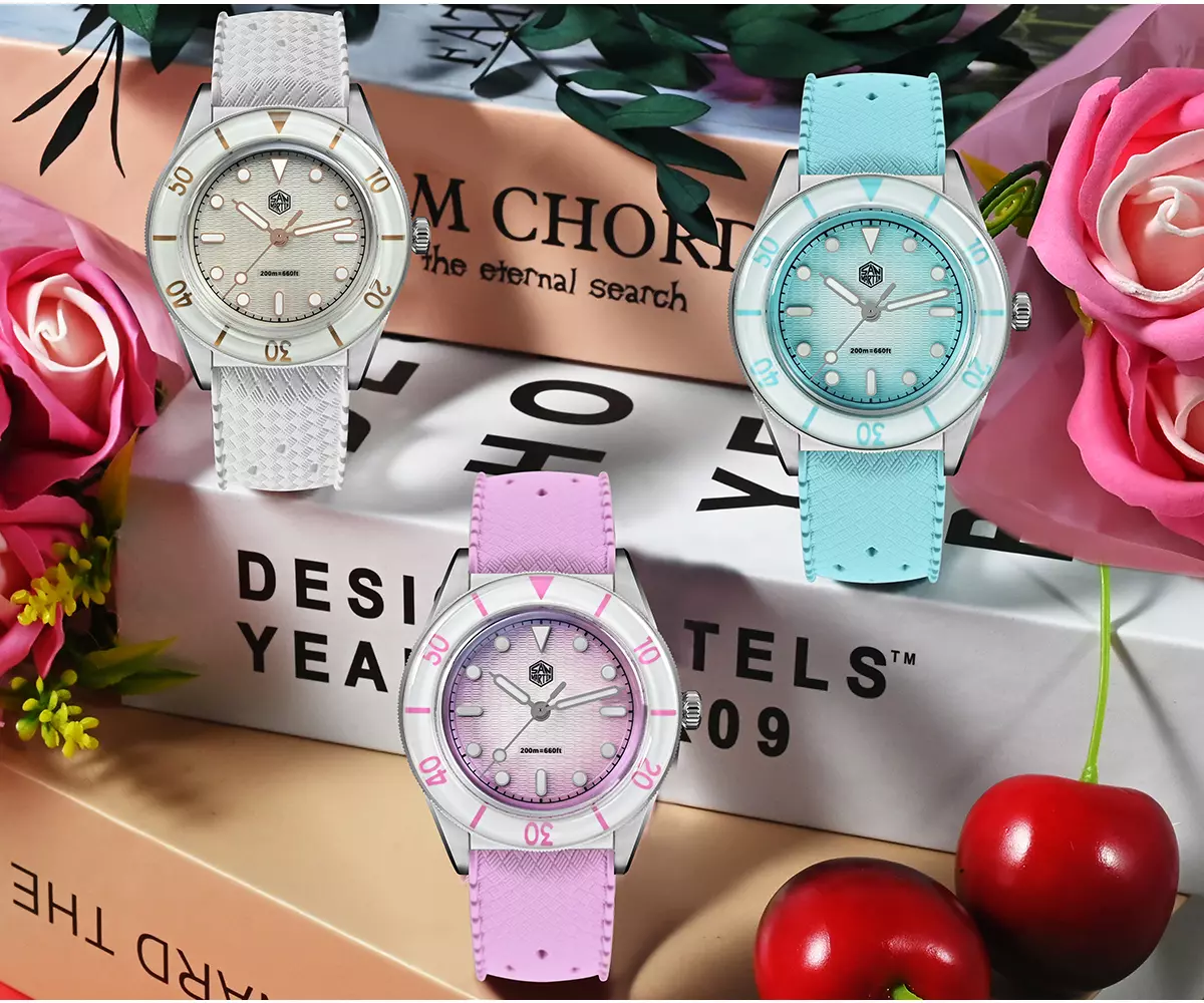 SAN-MARTIN-SN0151GS-01.webp SN0151-GS 32.5mm Original Design Female Dive Watch Quartz Ronda 703 Waterproof 200m wave texture MOP dial BGW-X1 Luminous - Image 1