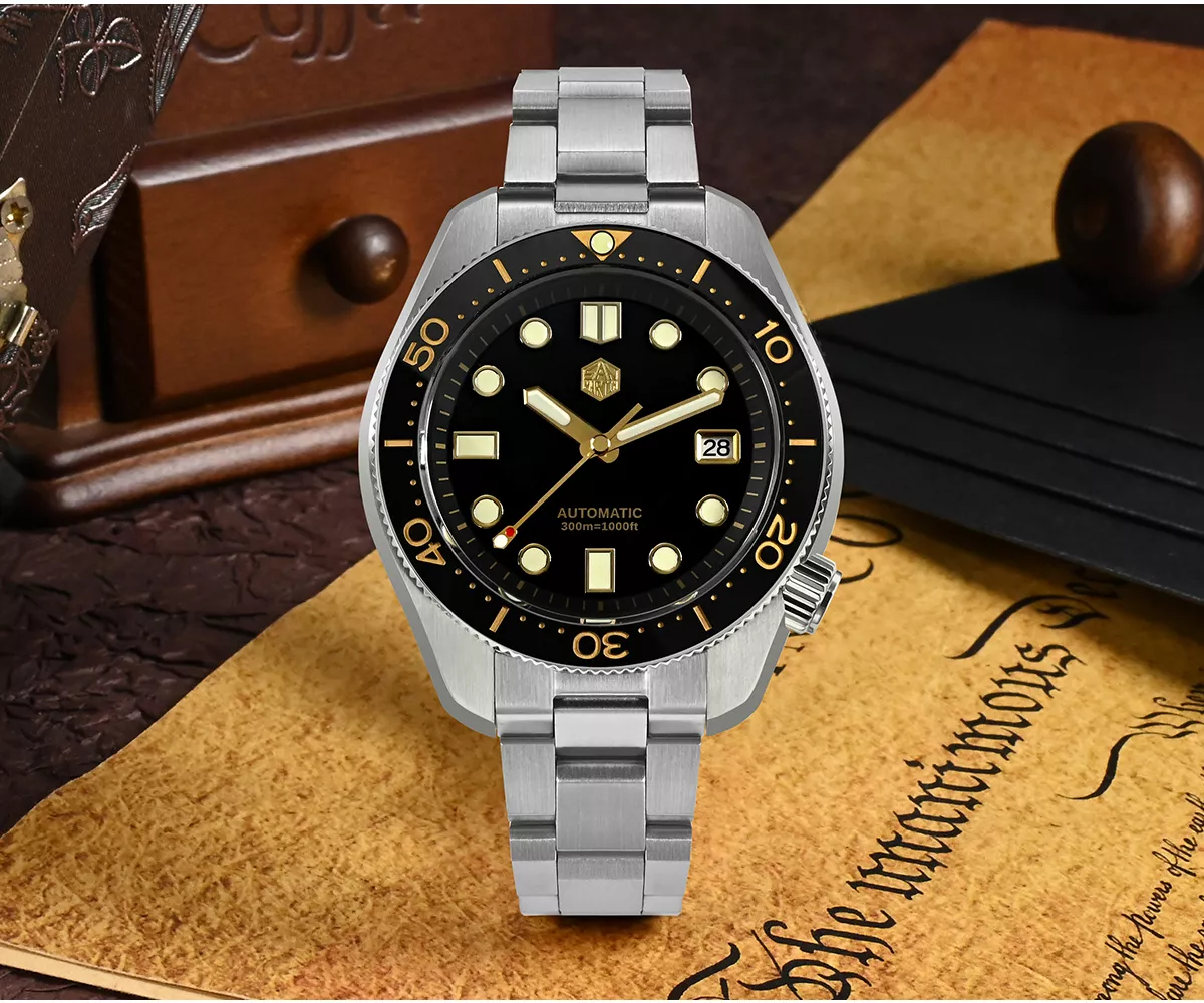 SAN-MARTIN-SN087G-001.webp SN087-G 44mm NH35 Vintage MM300 Men Diving Watch Gilt Dial Automatic Mechanical Sapphire Waterproof 300M - Image 1